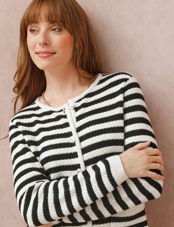 Cardigan rayé maille fantaisie (écru / noir) Cardigan rayé maille fantaisie (écru / noir)